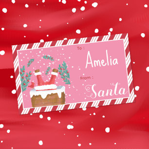Funny Santa Upside Down Kid Pink Gift Tag Sticker
