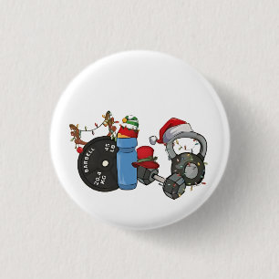 Funny Santa Weightlifting Dumbbells Gym Christmas Button