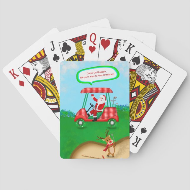 Funny Santa With Reindeer Playing Golf  Poker Cards (Back)