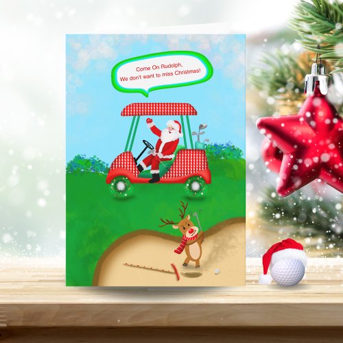 Funny Santa With Rudolph Playing Golf Xmas Bunker  Holiday Card