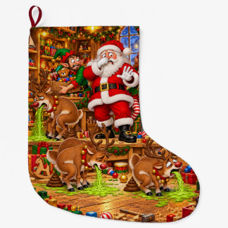 Funny Santa Workshop Chaos Christmas Large Christmas Stocking