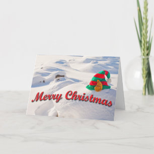 Funny Santa's Elf Hat On A Snow Drift Photo Custom Holiday Card