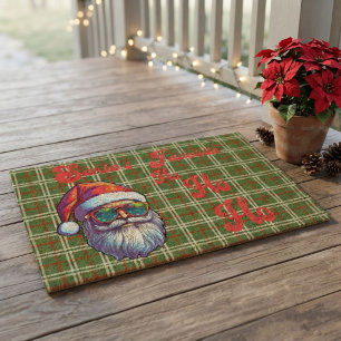 Funny Santa's Favorite Ho Retro Green Plaid Fiber Doormat