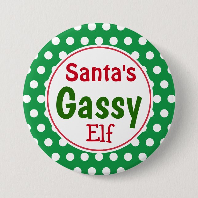 Funny Santa's Gassy Elf Christmas Button Pin (Front)