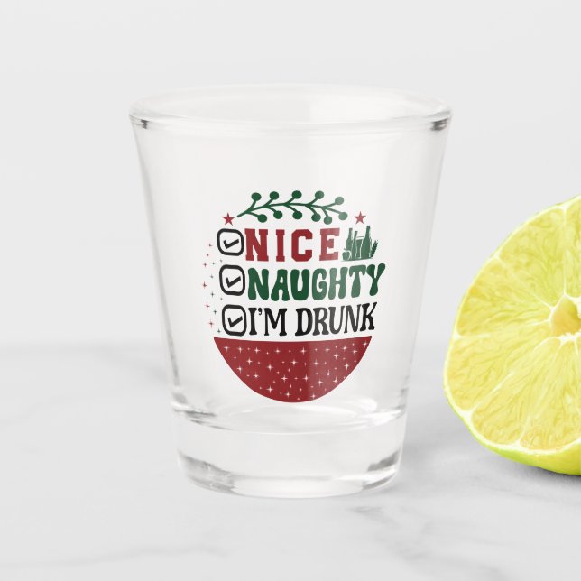 Funny Santa's list drunk drinking party Shot Glass (Front)