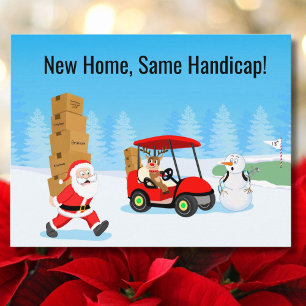 Funny Santa's Moving Boxes on Snowy Golf Course Holiday Postcard