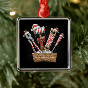 Funny Santa's Workshop Candy Cane Handyman Tools Metal Ornament