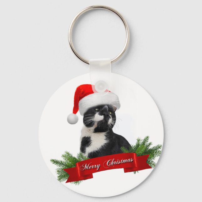 Funny Sarcastic Cat Santas Hat Christmas Keychain (Front)