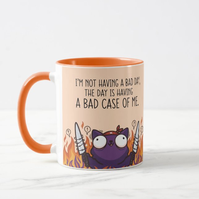Funny Sarcastic Chaotic Cat Bad Day Quote Orange Mug (Left)
