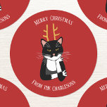 Funny Sarcastic Christmas Cat Classic Round Sticker<br><div class="desc">A funny sarcastic,  annoyed and unenthusiastic black and white tuxedo cat with Christmas antlers.  Ho ho ho,  and all that stuff.
Change the text and name or remove it to personalize further.  Original art by Nic Squirrell.</div>
