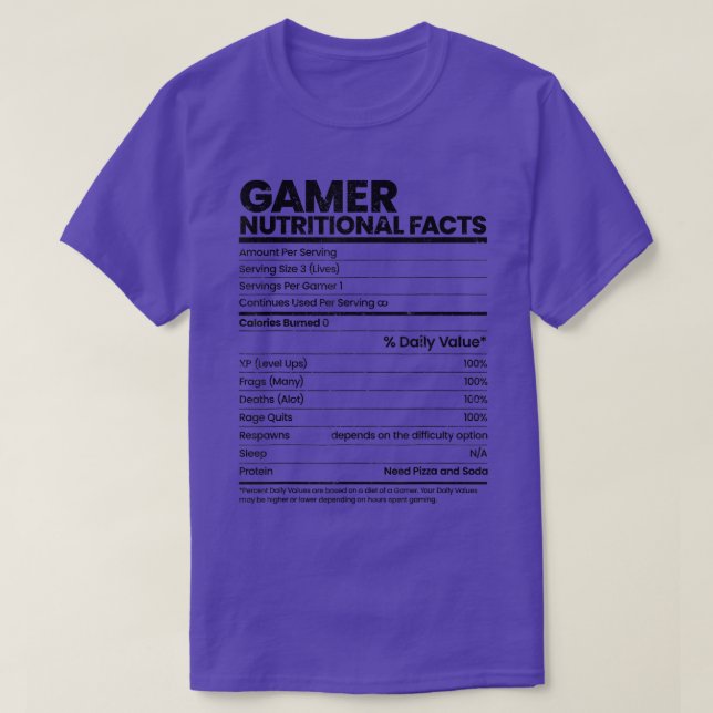 Funny Sarcastic Gamer Nutritional Facts Cool Video T-Shirt (Design Front)