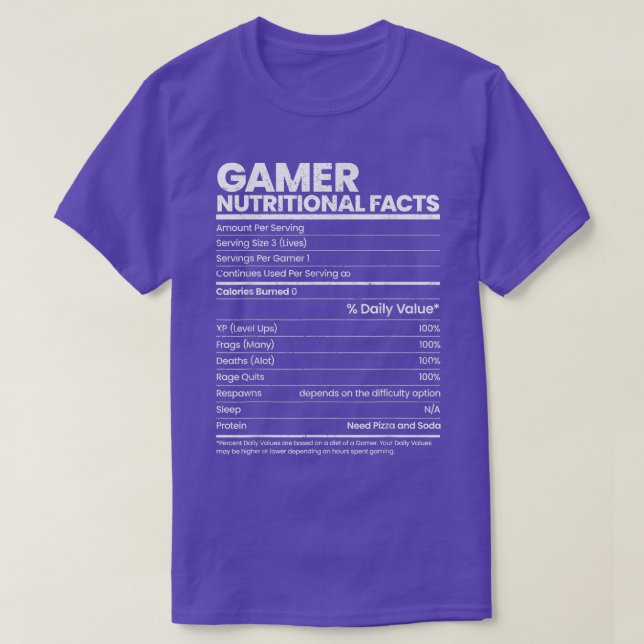 Funny Sarcastic Gamer Nutritional Facts Cool Video T-Shirt (Design Front)