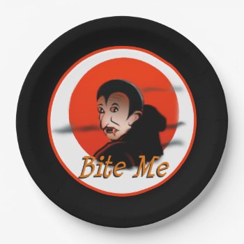 Funny Sarcastic Halloween Vampire Says Bite Me Paper Plates by vicesandverses at Zazzle