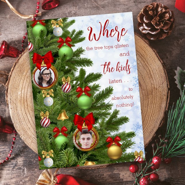 Funny Sarcastic Kids Humor Family Merry Christmas Holiday Card (cute 2 photo funny sarcastic humor family kids christmas cards with personalized message on the back)