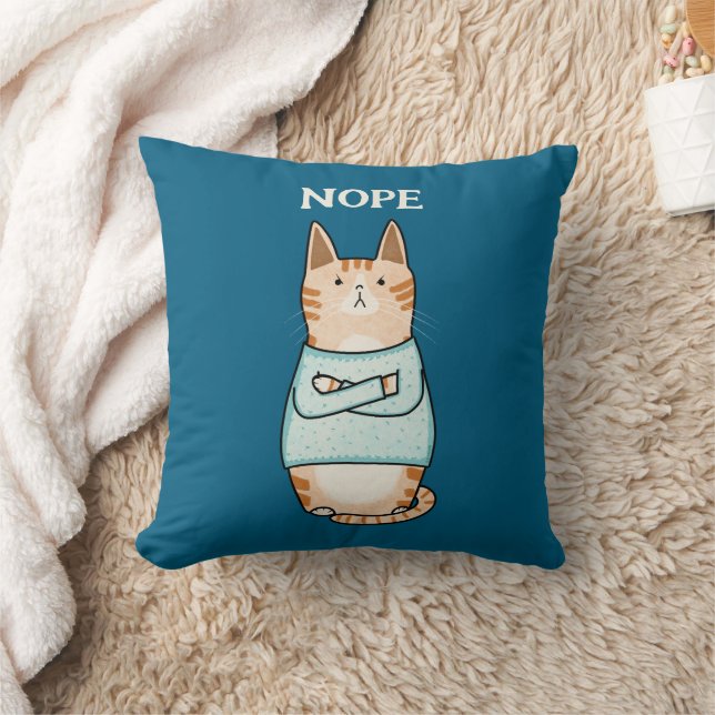 Funny Sarcastic Orange Cat Nope Throw Pillow (Blanket)