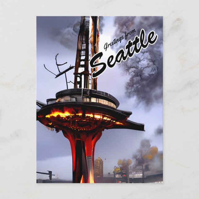 Funny Sarcastic Seattle Greetings Post Apocalyptic Postcard (Front)