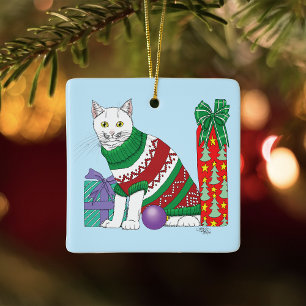 Funny Sarcastic Ugly Christmas Sweater White Cat Ceramic Ornament