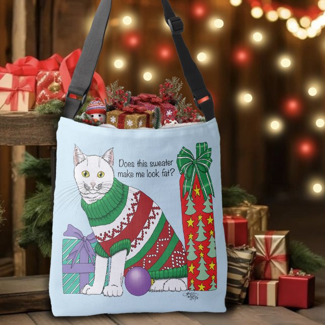 Funny Sarcastic Ugly Christmas Sweater White Cat Crossbody Bag (Creator Uploaded)