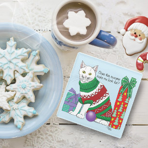 Funny Sarcastic Ugly Christmas Sweater White Cat Glass Coaster