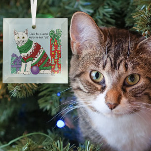 Funny Sarcastic Ugly Christmas Sweater White Cat Glass Ornament