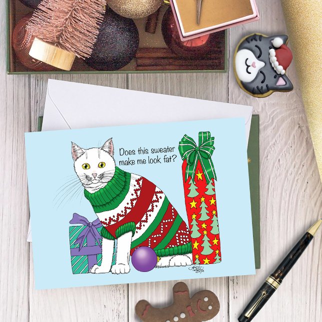 Funny Sarcastic Ugly Christmas Sweater White Cat Holiday Card (Creator Uploaded)