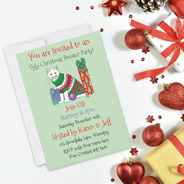 Funny Sarcastic Ugly Christmas Sweater White Cat Invitation (Creator Uploaded)