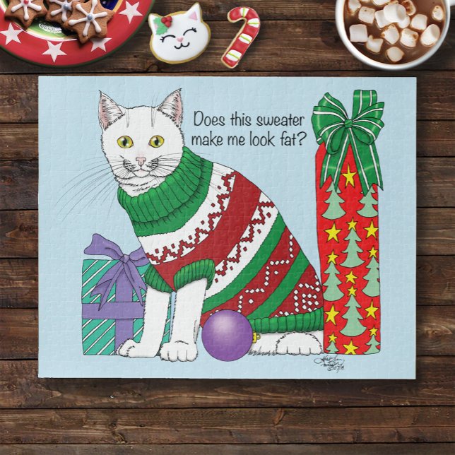 Funny Sarcastic Ugly Christmas Sweater White Cat Jigsaw Puzzle (Creator Uploaded)