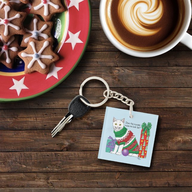 Funny Sarcastic Ugly Christmas Sweater White Cat Keychain (Creator Uploaded)