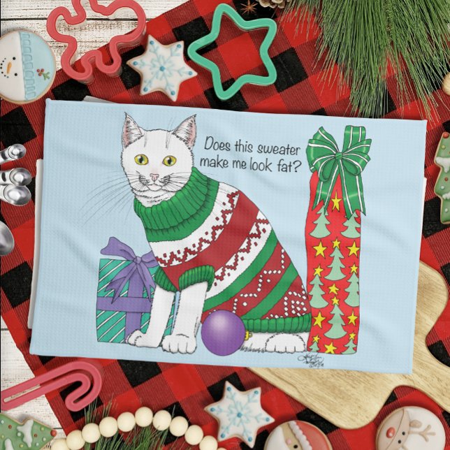 Funny Sarcastic Ugly Christmas Sweater White Cat Kitchen Towel (Creator Uploaded)