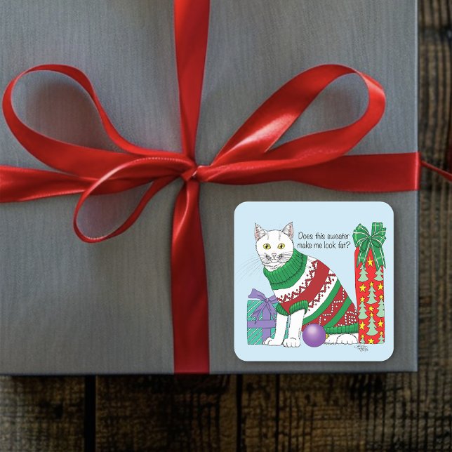 Funny Sarcastic Ugly Christmas Sweater White Cat Square Sticker (Creator Uploaded)