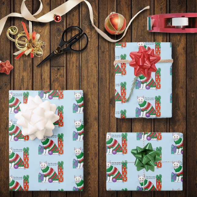 Funny Sarcastic Ugly Christmas Sweater White Cat Wrapping Paper Sheets (Creator Uploaded)