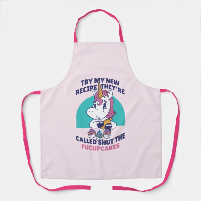 Funny Sarcastic Unicorn Shut The FuCupCakes Pink Apron (Front)
