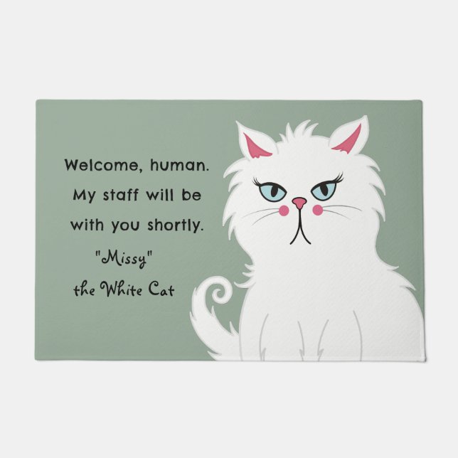 Funny Sarcastic White Cat Custom Sage Green Doormat (Front)