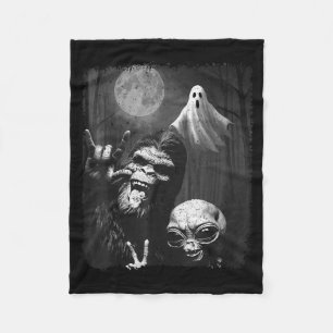 Funny Sasquatch & Alien Rock On Hand Sign Ghos Fleece Blanket