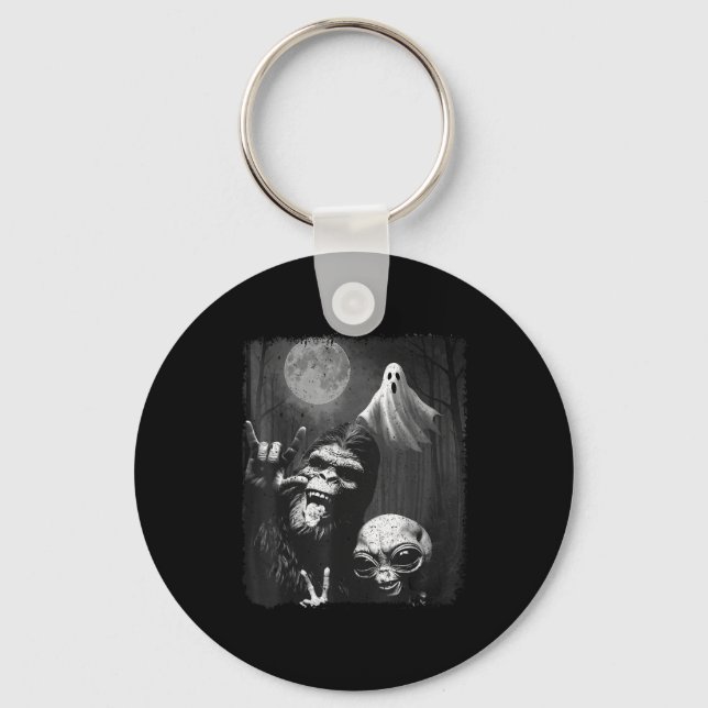 Funny Sasquatch &amp; Alien Rock On Hand Sign Ghos Keychain (Front)