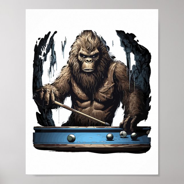 Funny Sasquatch Bigfoot Playing Billiards  Poster (Front)