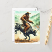 Funny Sasquatch Rides Bull in Rodeo Watercolor
