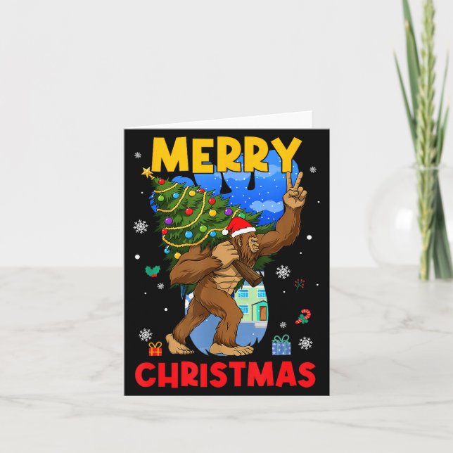 Funny Sasquatch Santa Bigfoot Christmas Tree Xmas  Card (Front)