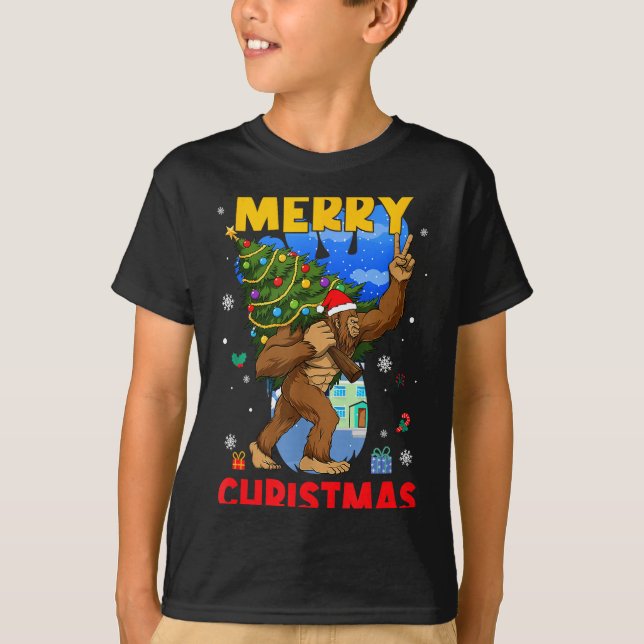 Funny Sasquatch Santa Bigfoot Christmas Tree Xmas  T-Shirt (Front)