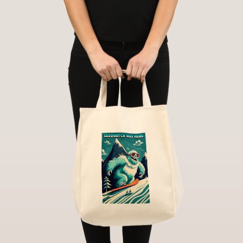 Funny Sasquatch Was Here Snowboarding Winter Tote Bag