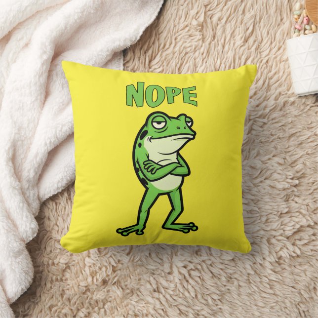 Funny Sassy Frog Nope, Grumpy Toads Cartoon Illus Throw Pillow (Blanket)
