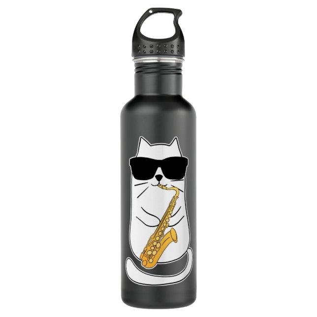Funny Saxophone Cat Musician Jazz Music Lover Long Stainless Steel Water Bottle (Front)