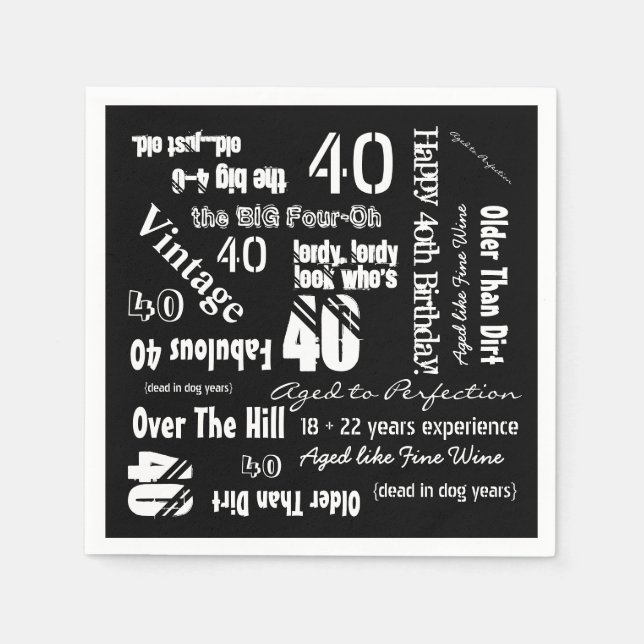 Funny Sayings 40th Birthday Black Napkins (Front)