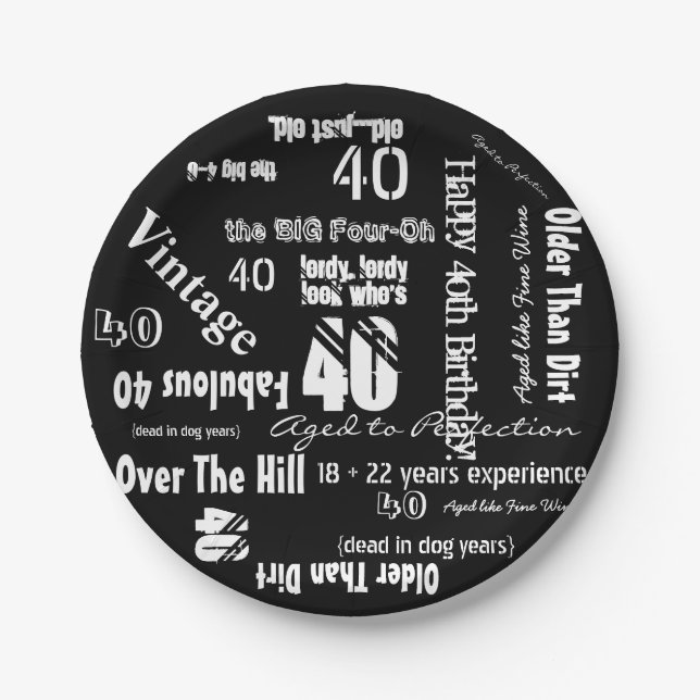 Funny Sayings 40th Birthday Black Paper Plates (Front)