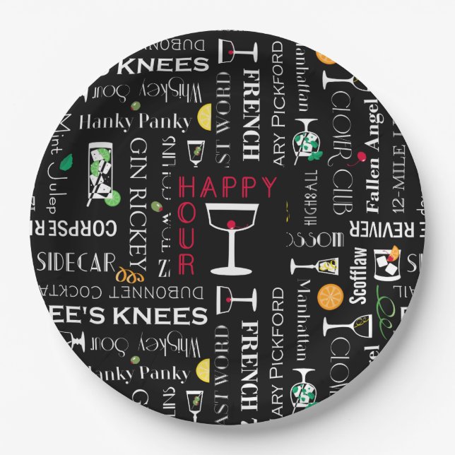 Funny Sayings l Retro Cocktail Names Pattern Paper Plates (Front)