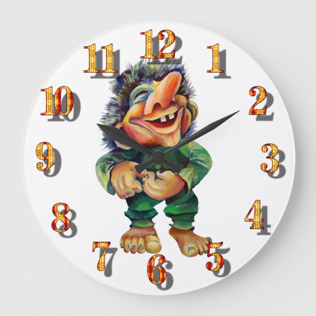 Funny Scandinavian Troll Watercolor Illustration Large Clock (Front)