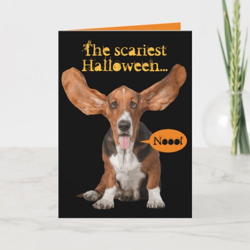 Funny Scared Basset Hound Out of Treats Halloween Card