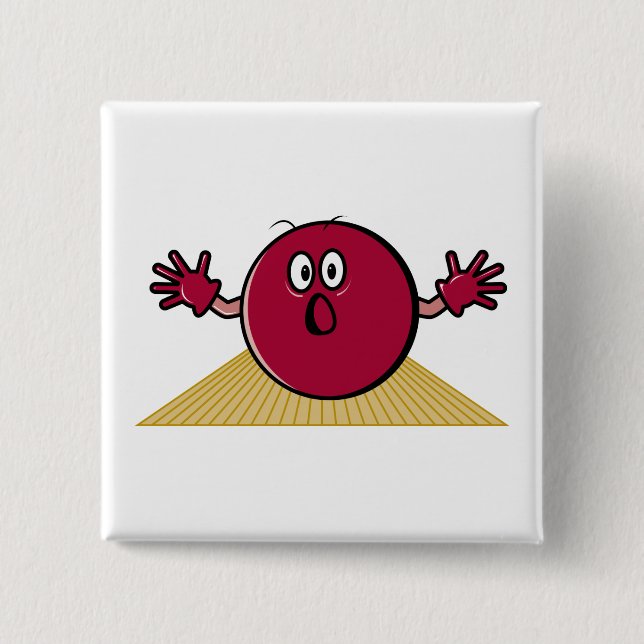 funny scared bowling ball going down alley cartoon button (Front)