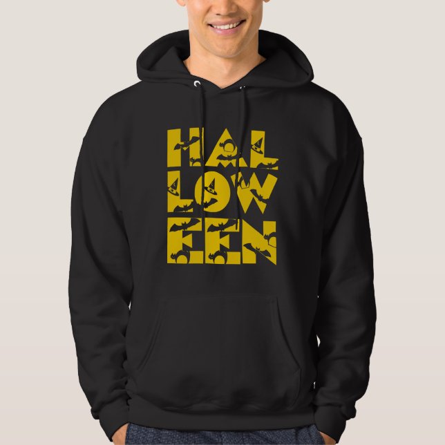 Funny Scary Black Cat Bat Witch Hat Text Halloween Hoodie (Front)
