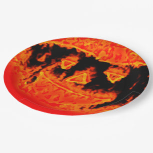 Funny Scary Orange Fire Flames Halloween Pumpkin Paper Plates